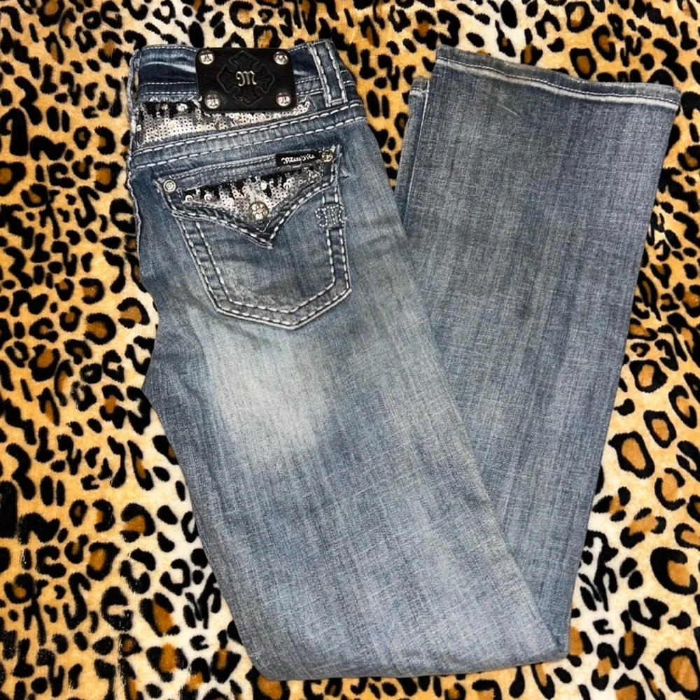 Y2K Miss Me Mcbling Sequin Embellished Low Rise Bootcut Denim Jeans - Picture 7 of 8